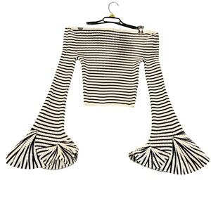 Commense Striped Off Shoulder Bell Sleeve Ribbed Crop Top Black White Small